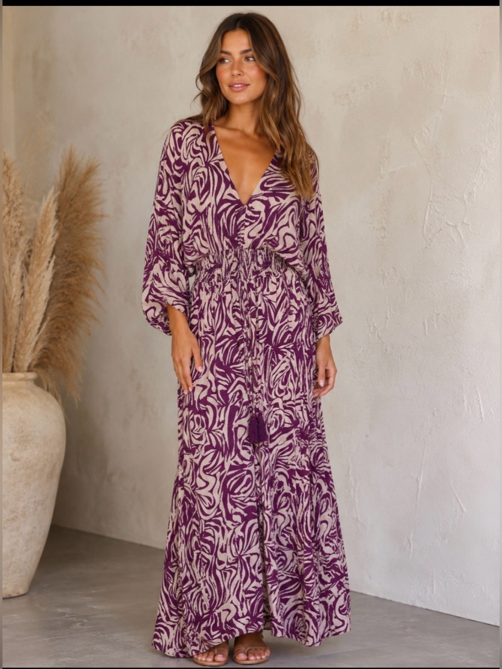 Silk Wine Red and Cream Kimono Dolman Sleeve Maxi Dress with Elastic Waist - Picture 1 of 6